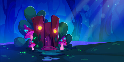 Fantasy fairytale gnome or animal house made from wood stump with light in windows at night. Cartoon vector magic forest landscape with tiny elf home with mushrooms and glow elements under moonlight.