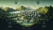 a tree is over a mountainside with some forest landscapes and buildings on it infographic illustration esztergom, in the style of futuristic spacecraft design, national geographic photo, circular shap