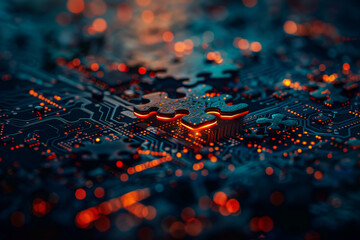  - A jigsaw puzzle piece is on a blue background with a lot of glowing lights