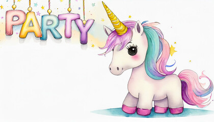 Sweet cartoon unicorn isolated on white background. Child party invitation card.