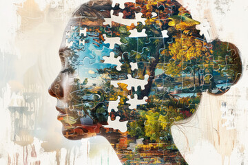 Poster - A woman's face is made out of puzzle pieces, with a forest