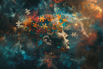Poster - A colorful puzzle piece head with a blue background