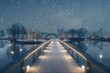 A bridge over a body of water with a snowy landscape in the background