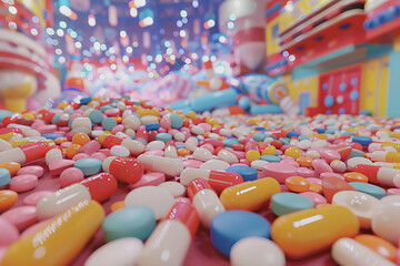 A colorful pile of pills on a pink surface