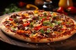 A delicious pizza with meatballs, peppers and mushrooms