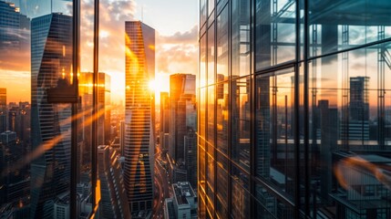 Poster - abstract scene of modern office building and sunset in the city.