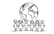 © Sone - Continuous one line drawing smiling children holding hands around the world outline doodle linear happy children day concept vector on white
