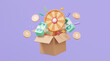 Open random box fortune spin wheel. business online shopping promotion marketing entertainment risk gamble event jackpot prize, cartoon minimal style elements. 3d render illustration