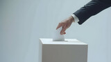 Fototapeta Konie - Voter's hand placing ballot in ballot box. Make democracy work by voting. Your choices can make your life better.