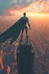 Canvas Print - A superhero stands on a rooftop overlooking a city at sunset