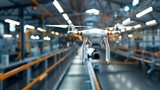 Fototapeta  - Drone flying in a warehouse with red navigation lights. A drone with bright red navigation lights expertly maneuvers through a warehouse space, indicating high-tech functionality