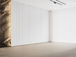 White contemporary minimalist empty interior with rock wall and wall panels. 3d render illustration mockup.