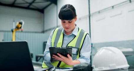 Poster - Laptop, thinking and woman with tablet as architect or engineer in construction, working and online. Workplace, employee and female person with technology for industry, business and project in office