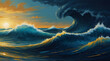 Magical fairytale ocean waves art painting. Unique blue and gold wavy swirls of magic water..generative.ai