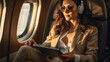 Elegant Woman enjoying music on a private jet