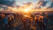 horde of cow in pasture field with morning sunlight, generative Ai