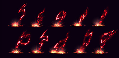 Wall Mural - Red lightning strikes set isolated on black background. Vector cartoon illustration of magic power effect, thunderbolt impact with explosion and fire, electric discharge shock, game design elements