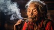Close-up of a Senior Asian woman of the Akha tribe, wearing traditional clothes, necklaces. jewelry smoking a pipe with smoke in Myanmar.