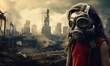 Girl in the gas mask with destroyed city in the background.