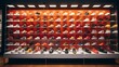 Large collection of leather shoes on display in a modern boutique