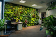 Office green walls with artificial moss and plants.