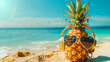 Ripe attractive pineapple in stylish sunglasses heart shape and gold headphones on sand against turquoise sea water. Tropical summer vacation concept. Summer sunny day on the beach of tropical island