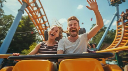 happy couple on yellow rides having fun and filled with positive emotions during entertainment