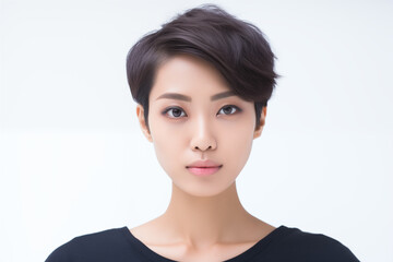 Wall Mural - Studio portrait of beautiful asian woman with short hair style on colour background