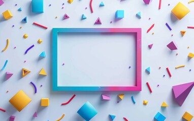 A whiteboard with a colorful frame of shapes in the middle of the design with a scattering of square and triangle color shapes and a completely white background