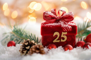 Red festive christmas present box with 25 number on it for December 25 Christmas day