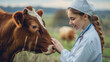 Young veterinarian woman taking care of the health of a cow in a farm wearing white vet uniform , the girl is doing the profession with love for farm animals