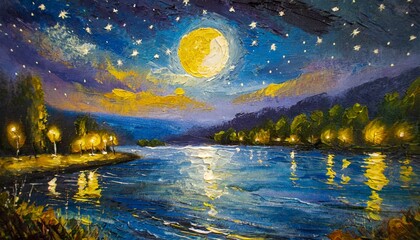 Wall Mural - Nocturnal Serenity: Moonlit River Scene in Oil Painting beautiful background
