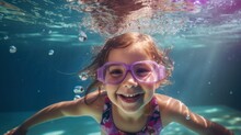Cheerful Little Girl With Pigtails Swims Underwater In The Pool
