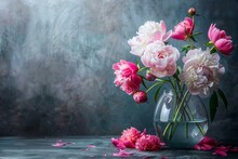 Peonies In A Glass Vase On A Dark Background Still Life
