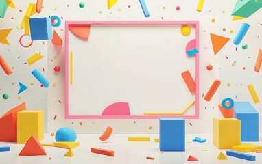 A whiteboard with a colorful frame of shapes in the middle of the design with a scattering of square and triangle color shapes and a completely white background