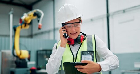 Leinwandbilder - Phone call, woman and tablet in factory for communication, contact or information for work in industrial career. Female person, engineer or worker with mobile technology for planning or distribution