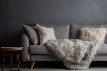Wall Mural - comfy sofa with gray furry sheepskin cover and pillows against the wall