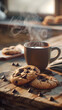 Steaming mug of coffee with chocolate chip cookies on rustic wood
