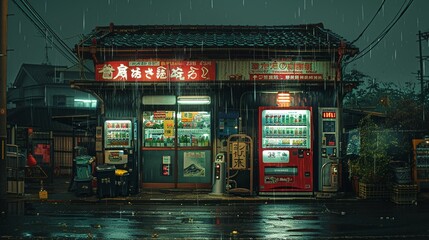 Night scene by a vending machine rendered in sharp contrasts with a manga-style flair.