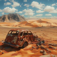 Vehicle wreck in the vast desert