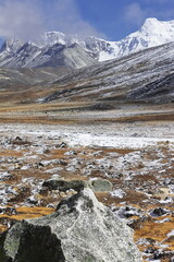 Wall Mural - scenic alpine valley and surrounding snowcapped himalaya mountains at zero point, a popular tourist destination in north sikkim in india