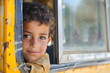 Portrait of a school boy standing on a bus