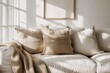 A professional close-up shot of a minimalist living space, focusing on a neutral-toned sofa adorned with a single, textured throw pillow.