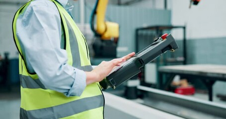 Poster - Inspection, hands and man with tablet, robotics or connection with app or project management. Person, welding or architecture with tech, closeup or internet with planning, tools or online reading