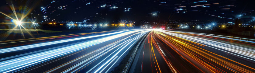 A highway at night with a bright light shining on it