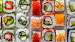 A plate of assorted sushi rolls with a variety of ingredients including avocado