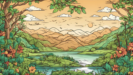 Wall Mural - Mountain landscape with lake and sunset scenery