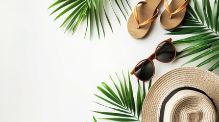 Summer flat lay background, vacation and travel concept.