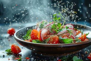 Wall Mural - A bowl of salad with tomatoes, radishes, and greens