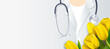 Medical background with close-up of doctor`s uniform, stethoscope and bunch of yellow tulips. Happy nurse day. Vector holiday illustration